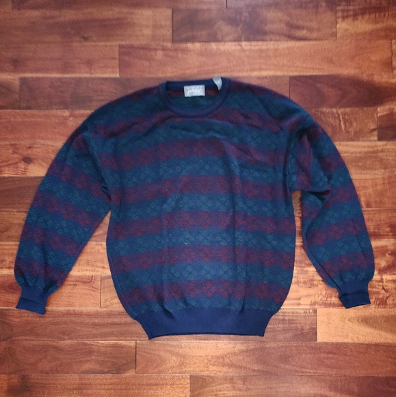 100% Italian Merino Wool Navy, Green, & Burgundy Sweater - Picture 1 of 7
